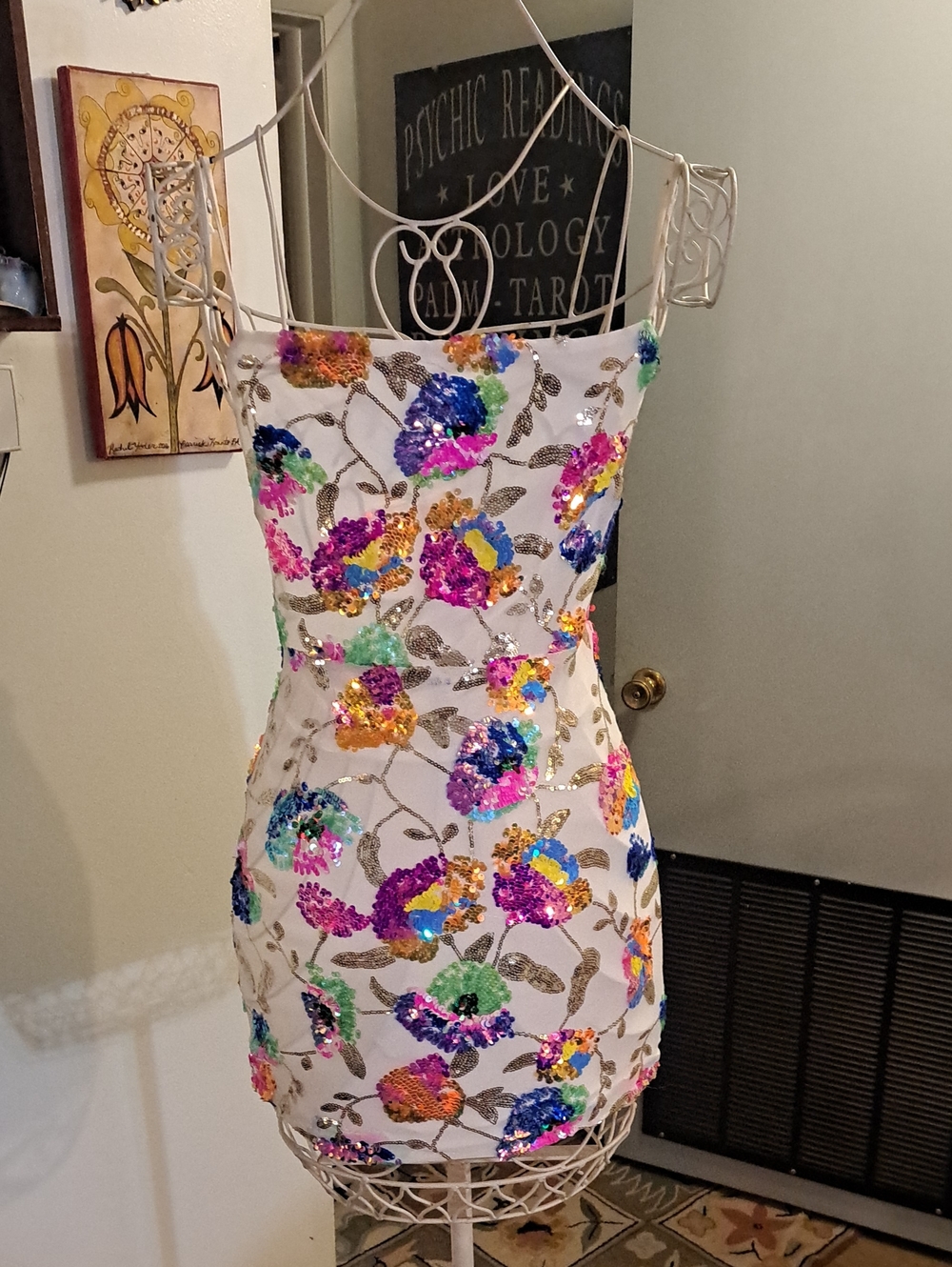 Lucy in the Sky White Mini Dress with Multicolor Sequin Floral Embroidery, Xs/S